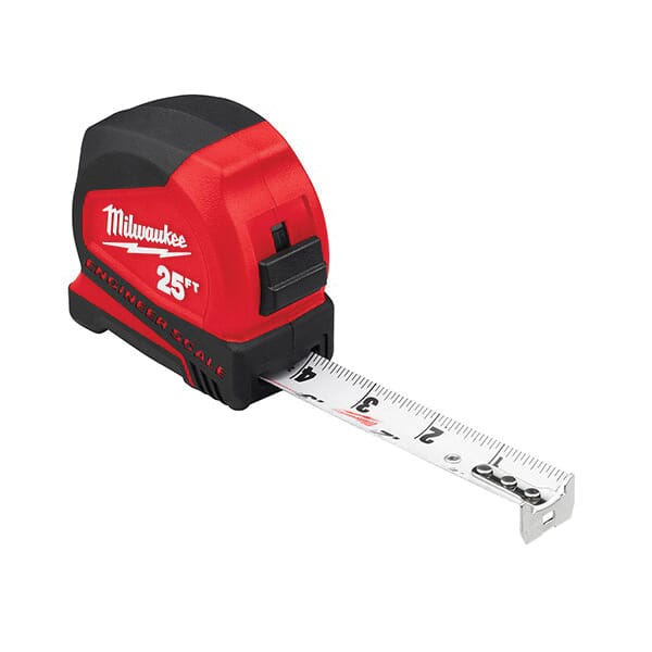 Milwaukee® 48-22-6625E Compact Measuring Tape With Engineer Scale and Belt Clip, 25 ft L x 25 mm W Blade, Steel Blade, 1/16 in Graduation
